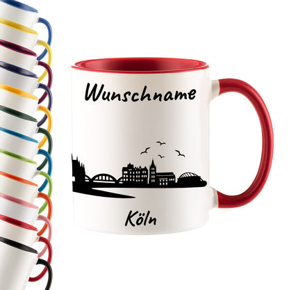 Tasse in Rot 330ml bedruckt mit der Skyline von Köln personalisierbar mit Wunschname