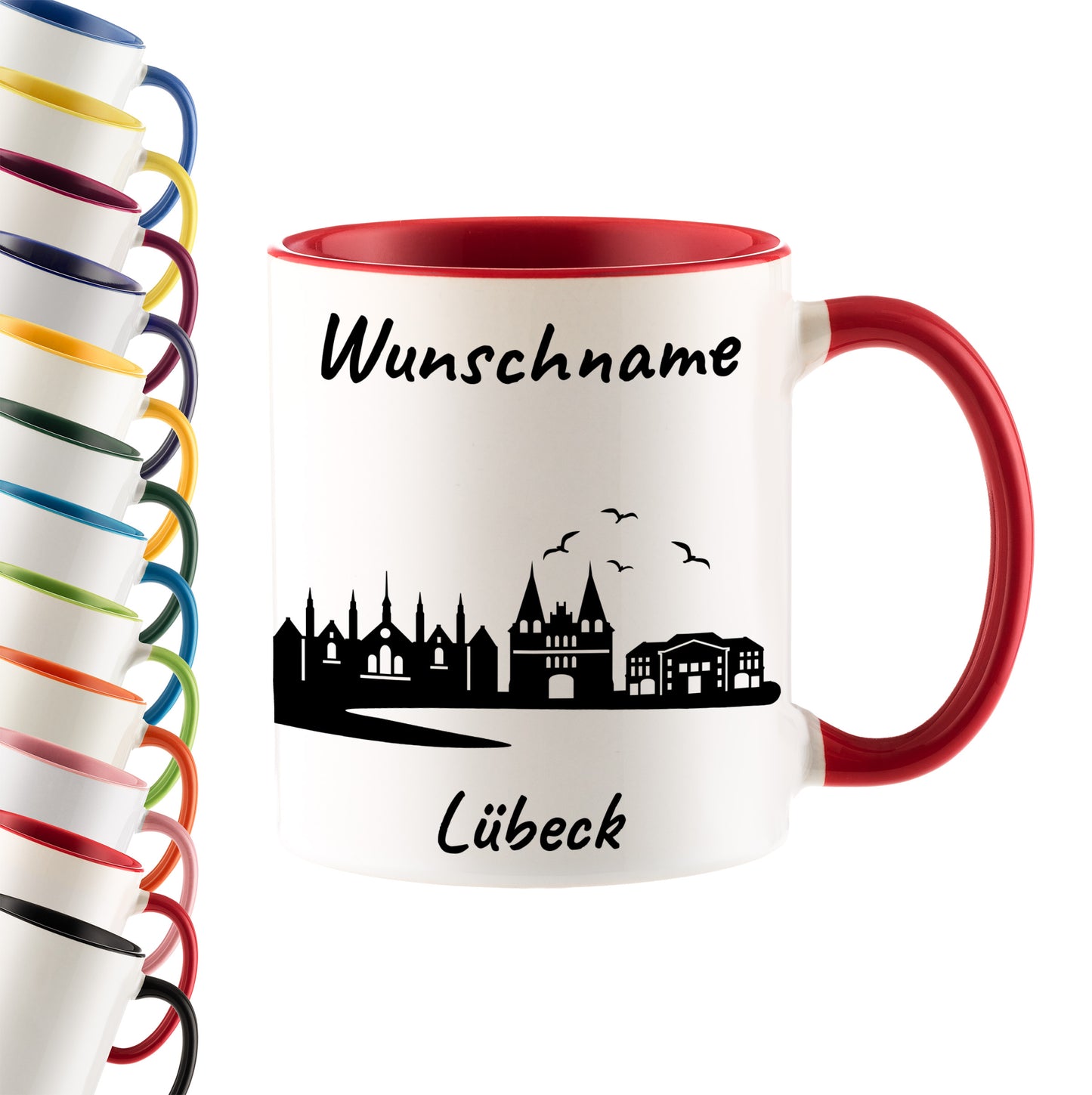 Tasse in Rot 330ml bedruckt mit der Skyline von Lübeck personalisierbar mit Wunschname