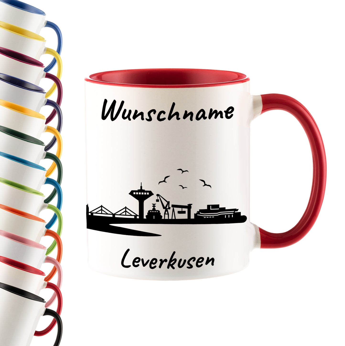 Tasse in Rot 330ml bedruckt mit der Skyline von Leverkusen personalisierbar mit Wunschname