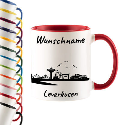 Tasse in Rot 330ml bedruckt mit der Skyline von Leverkusen personalisierbar mit Wunschname
