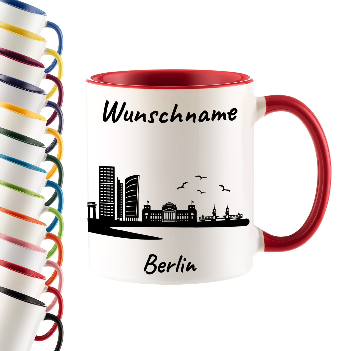 Tasse in Rot 330ml bedruckt mit der Skyline von Berlin personalisierbar mit Wunschname