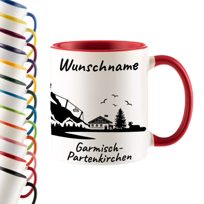 Tasse in Rot 330ml bedruckt mit der Skyline von Garmisch-Partenkirchen personalisierbar mit Wunschname