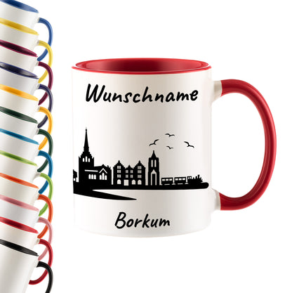 Tasse in Rot 330ml bedruckt mit der Skyline von Borkum personalisierbar mit Wunschname