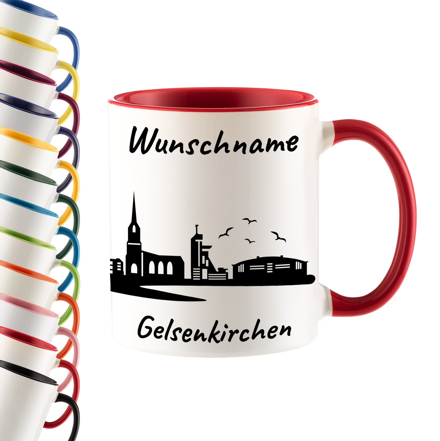 Tasse in Rot 330ml bedruckt mit der Skyline von Gelsenkirchen personalisierbar mit Wunschname