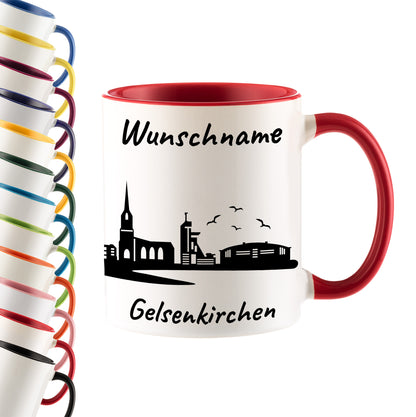Tasse in Rot 330ml bedruckt mit der Skyline von Gelsenkirchen personalisierbar mit Wunschname