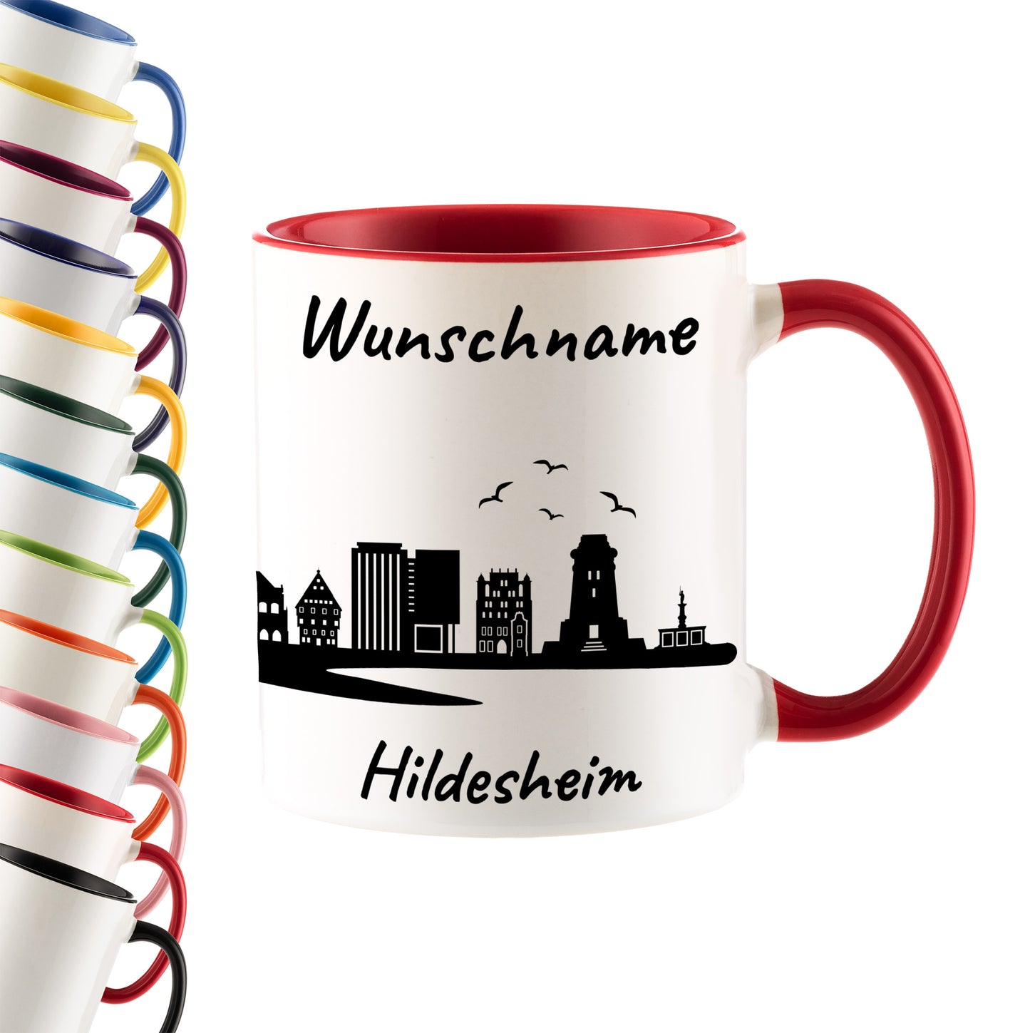 Tasse in Rot 330ml bedruckt mit der Skyline von Hildesheim personalisierbar mit Wunschname