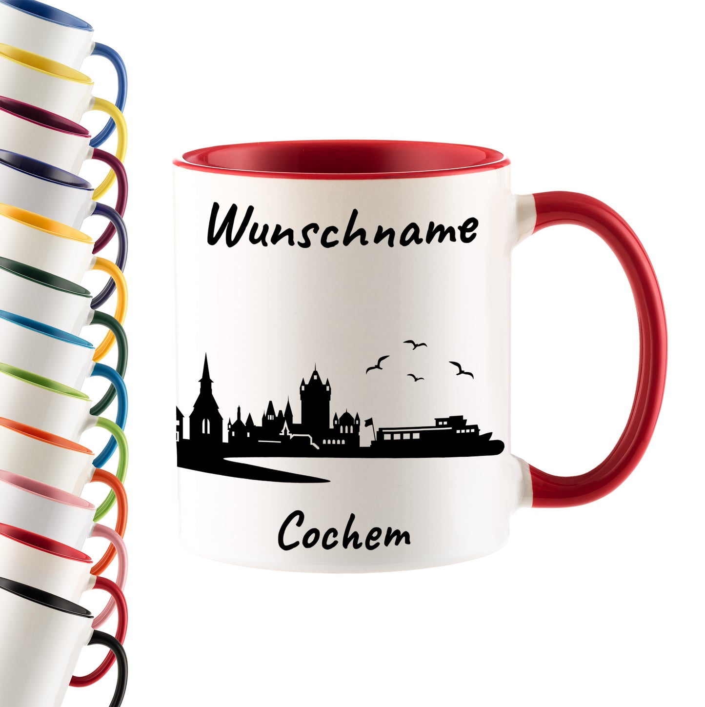 Tasse in Rot 330ml bedruckt mit der Skyline von Cochem personalisierbar mit Wunschname