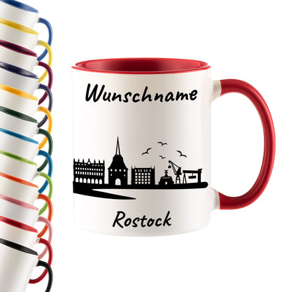 Tasse in Rot 330ml bedruckt mit der Skyline von Rostock personalisierbar mit Wunschname
