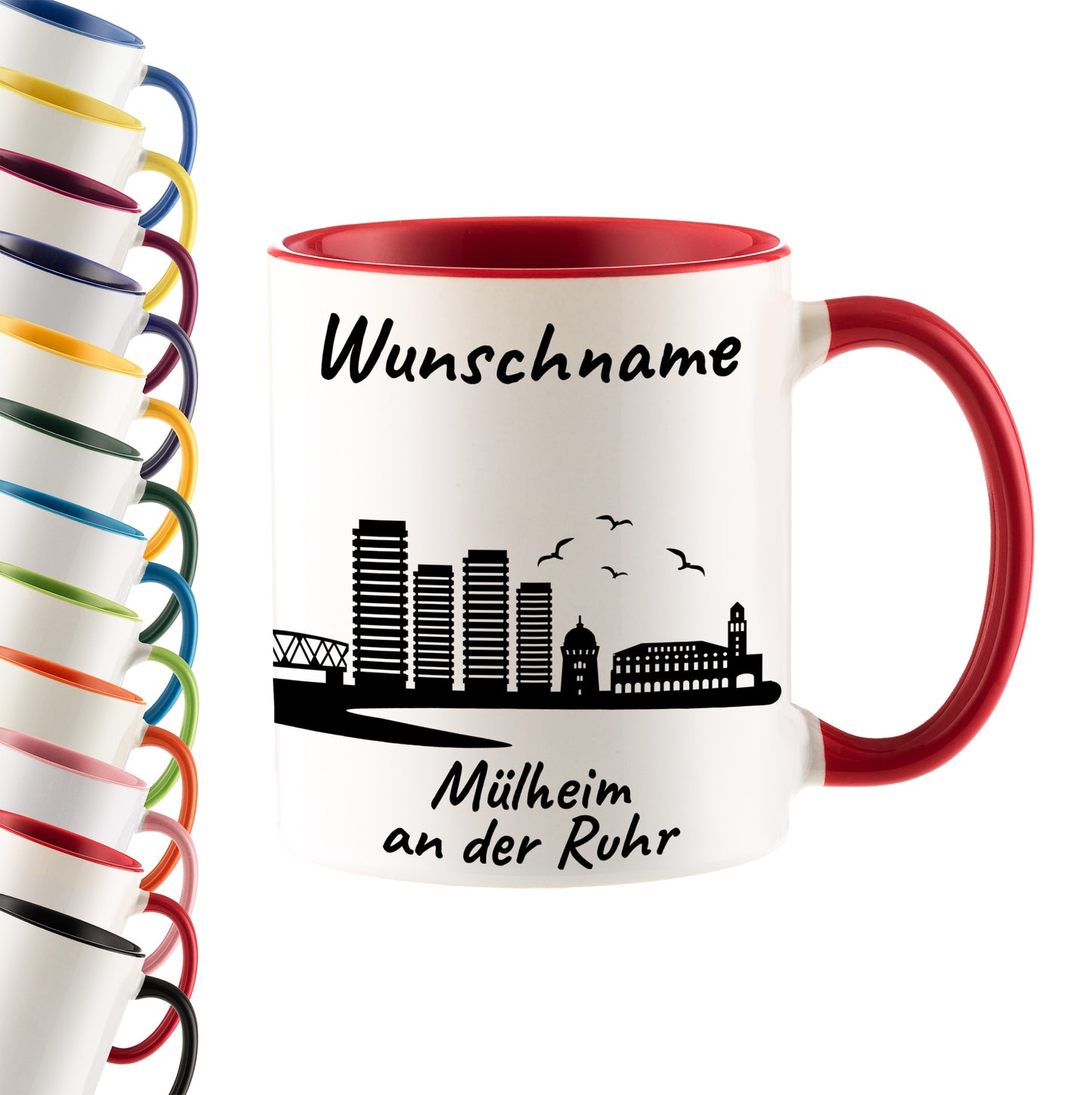 Tasse in Rot 330ml bedruckt mit der Skyline von Mülheim an der Ruhr personalisierbar mit Wunschname