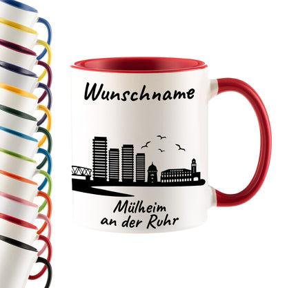 Tasse in Rot 330ml bedruckt mit der Skyline von Mülheim an der Ruhr personalisierbar mit Wunschname