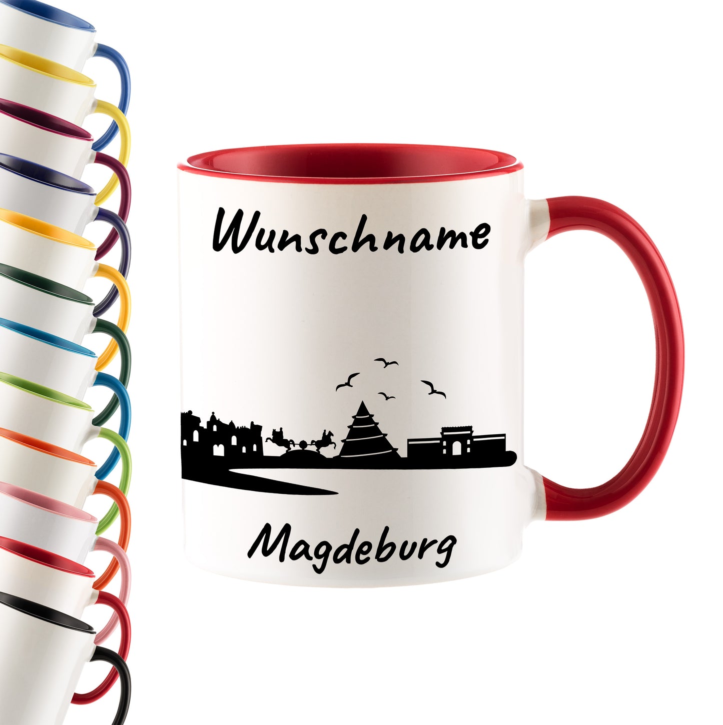 Tasse in Rot 330ml bedruckt mit der Skyline von Magdeburg personalisierbar mit Wunschname
