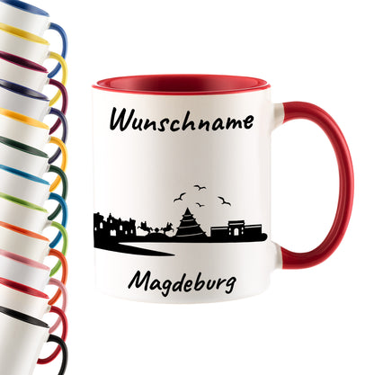Tasse in Rot 330ml bedruckt mit der Skyline von Magdeburg personalisierbar mit Wunschname