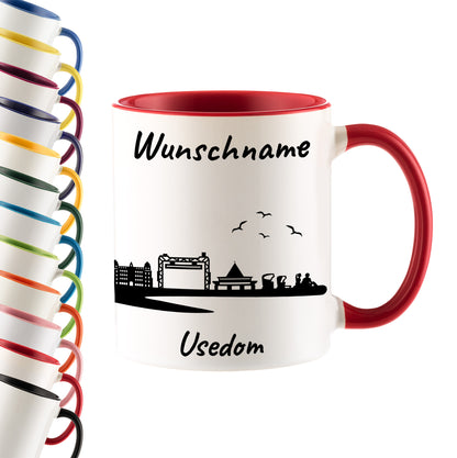 Tasse in Rot 330ml bedruckt mit der Skyline von Usedom personalisierbar mit Wunschname
