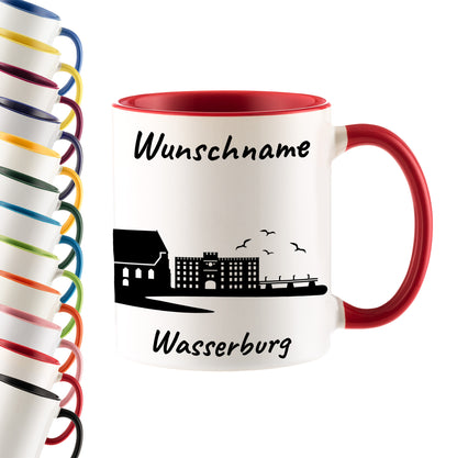 Tasse in Rot 330ml bedruckt mit der Skyline von Wasserburg personalisierbar mit Wunschname