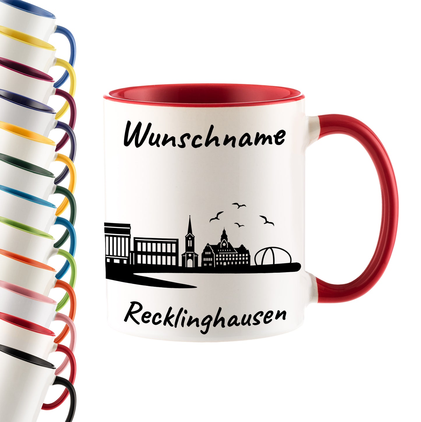 Tasse in Rot 330ml bedruckt mit der Skyline von Recklinghausen personalisierbar mit Wunschname