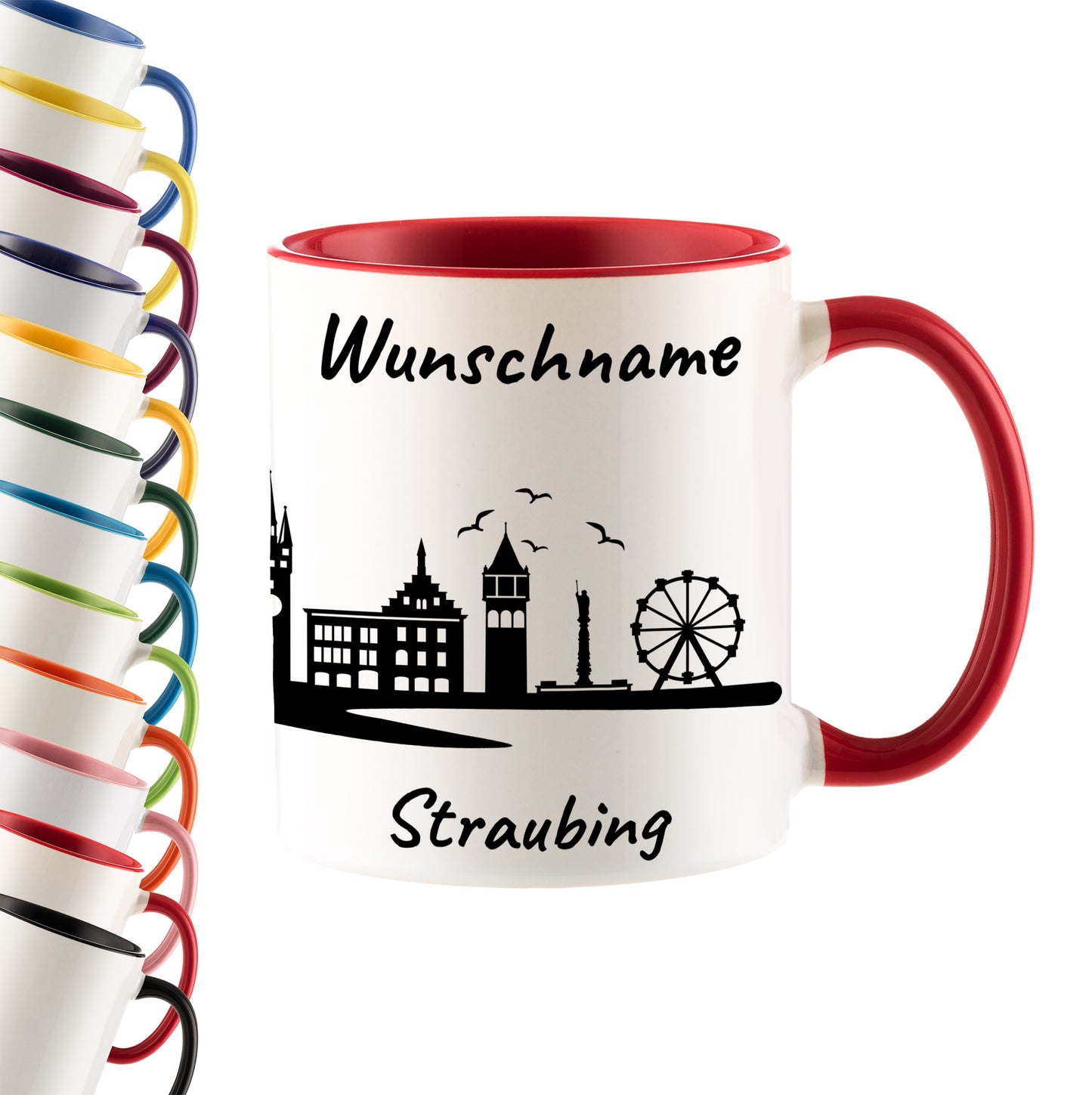 Tasse in Rot 330ml bedruckt mit der Skyline von Straubing personalisierbar mit Wunschname