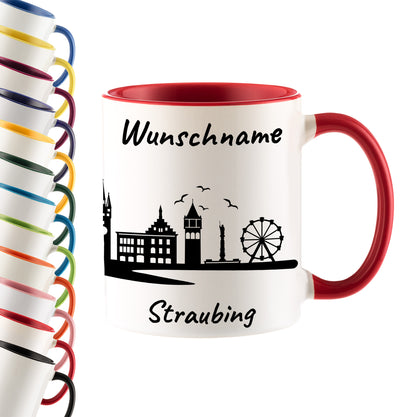 Tasse in Rot 330ml bedruckt mit der Skyline von Straubing personalisierbar mit Wunschname