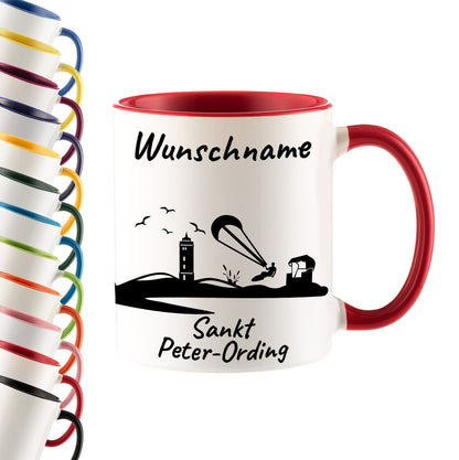 Tasse in Rot 330ml bedruckt mit der Skyline von Sankt Peter-Ording personalisierbar mit Wunschname
