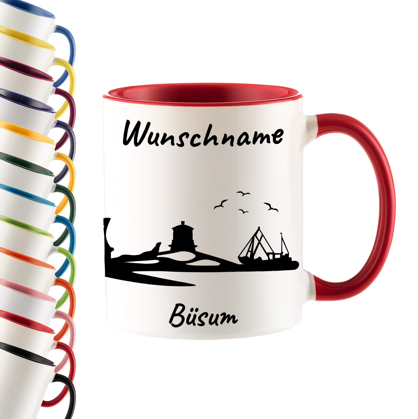 Tasse in Rot 330ml bedruckt mit der Skyline von Büsum personalisierbar mit Wunschname