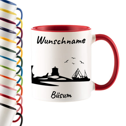 Tasse in Rot 330ml bedruckt mit der Skyline von Büsum personalisierbar mit Wunschname