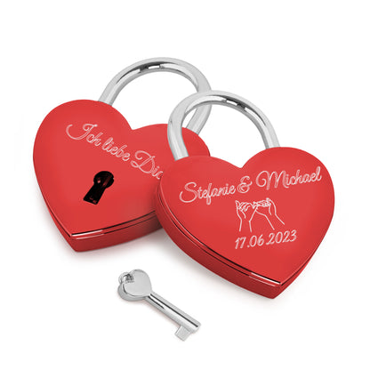 Herzschloss in Rot mit Gravur "Hand in Hand" Liebesschloss personalisiert mit Wunschnamen in 4 ver. Farben