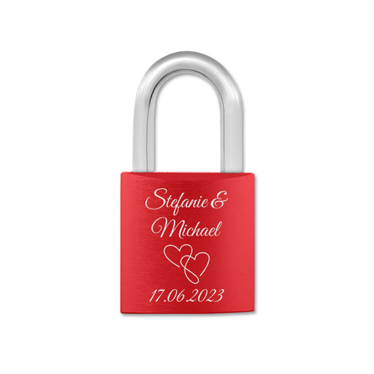 Liebesschloss in Rot mit Gravur "Herz" personalisiert mit Wunschnamen in 6 ver. Farben