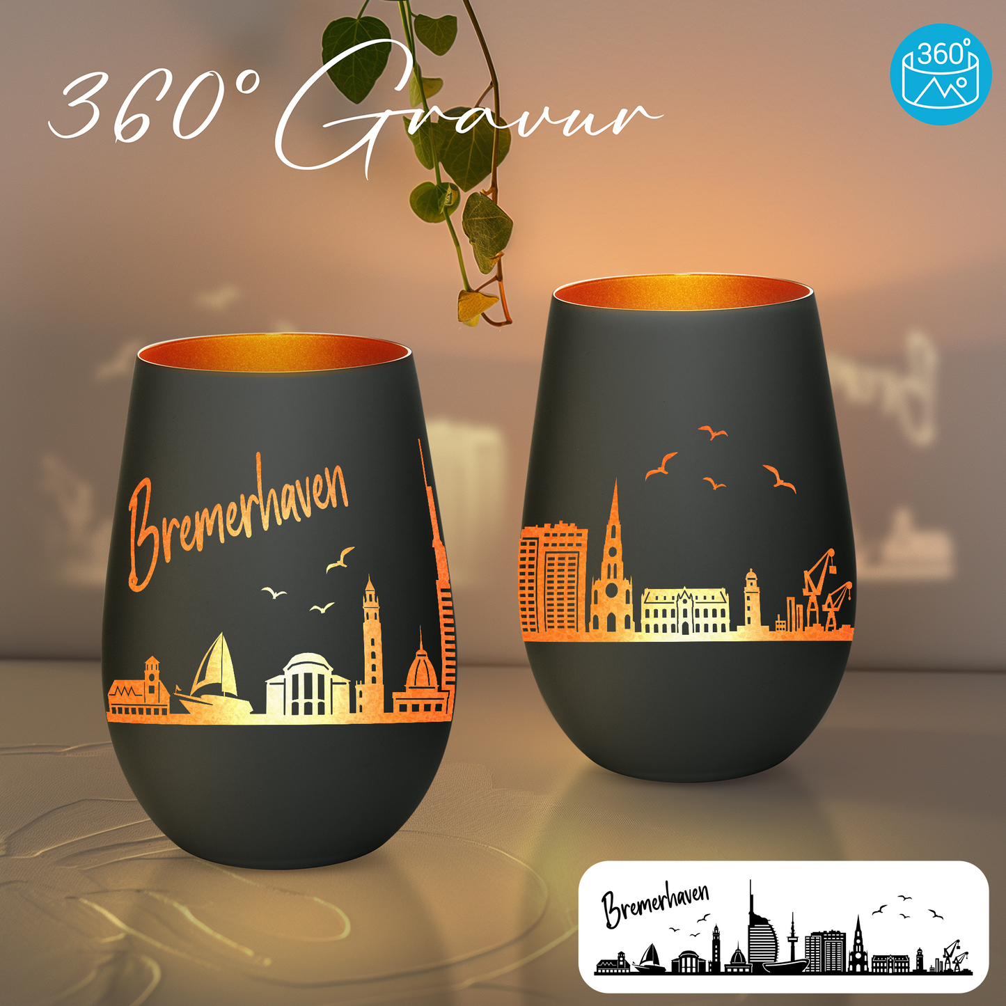 Hochwertiges Glas Windlicht mit Gravur "SKYLINE BREMERHAVEN" in der Farbe Schwarz/Bronze