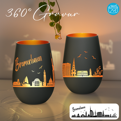 Hochwertiges Glas Windlicht mit Gravur "SKYLINE BREMERHAVEN" in der Farbe Schwarz/Bronze