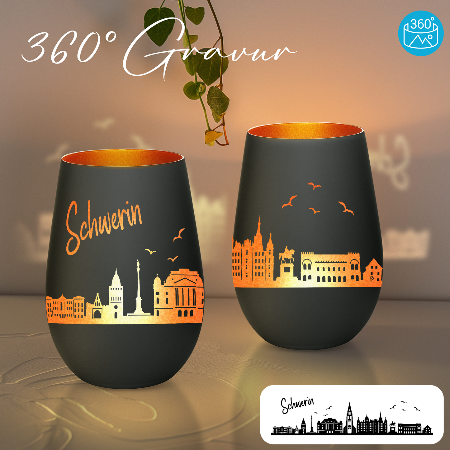 Hochwertiges Glas Windlicht mit Gravur "SKYLINE SCHWERIN" in der Farbe Schwarz/Bronze