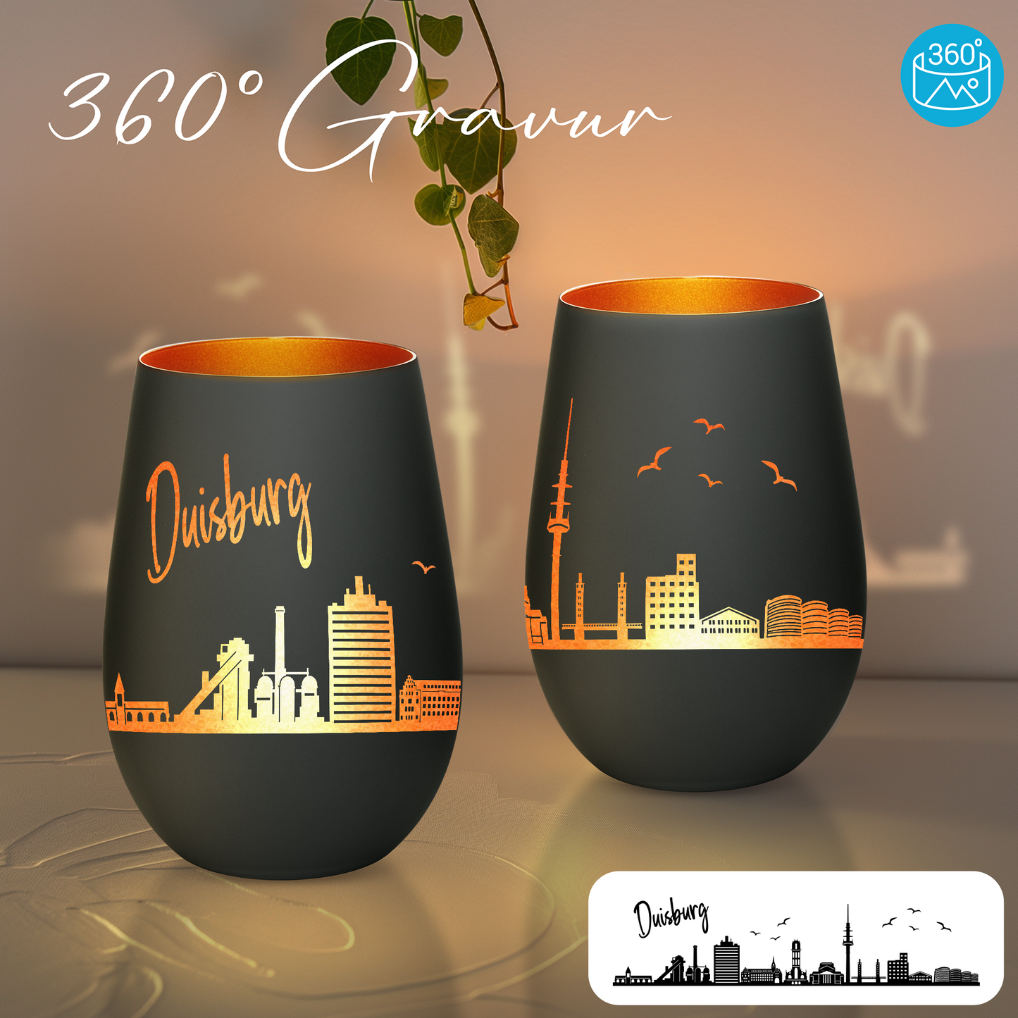Hochwertiges Glas Windlicht mit Gravur "SKYLINE DUISBURG" in der Farbe Schwarz/Bronze