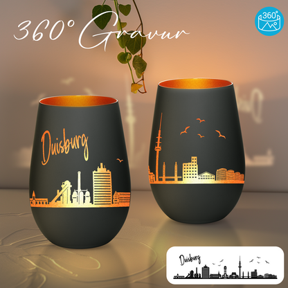 Hochwertiges Glas Windlicht mit Gravur "SKYLINE DUISBURG" in der Farbe Schwarz/Bronze