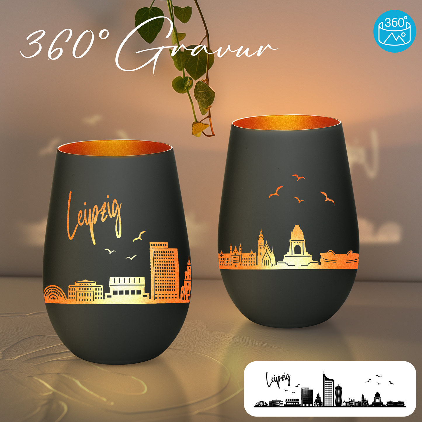 Hochwertiges Glas Windlicht mit Gravur "SKYLINE LEIPZIG" in der Farbe Schwarz/Bronze