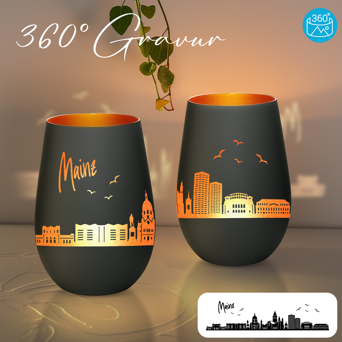 Hochwertiges Glas Windlicht mit Gravur "SKYLINE MAINZ" in der Farbe Schwarz/Bronze