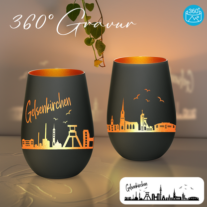 Hochwertiges Glas Windlicht mit Gravur "SKYLINE GELSENKIRCHEN" in der Farbe Schwarz/Bronze