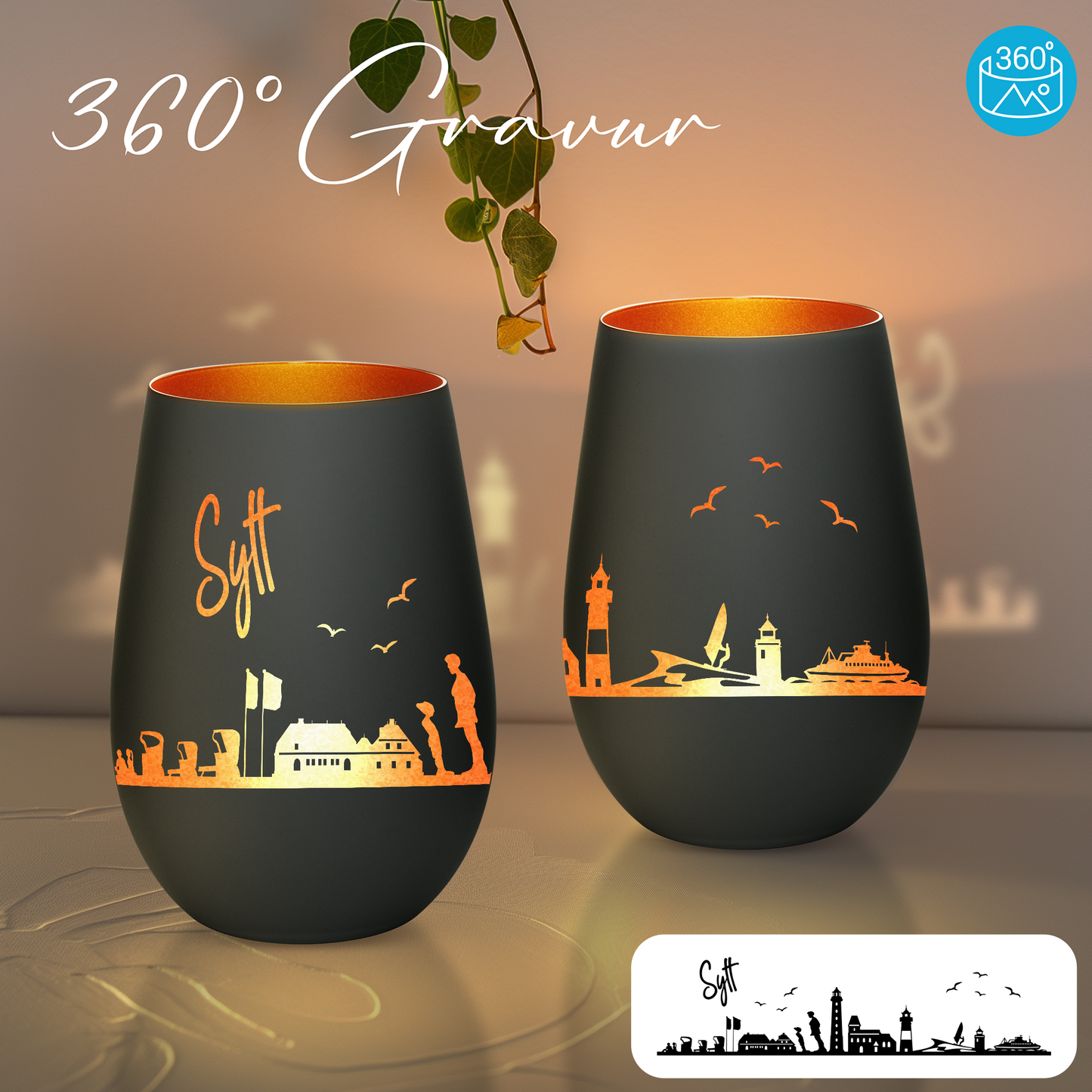 Hochwertiges Glas Windlicht mit Gravur "SKYLINE SYLT" in der Farbe Schwarz/Bronze