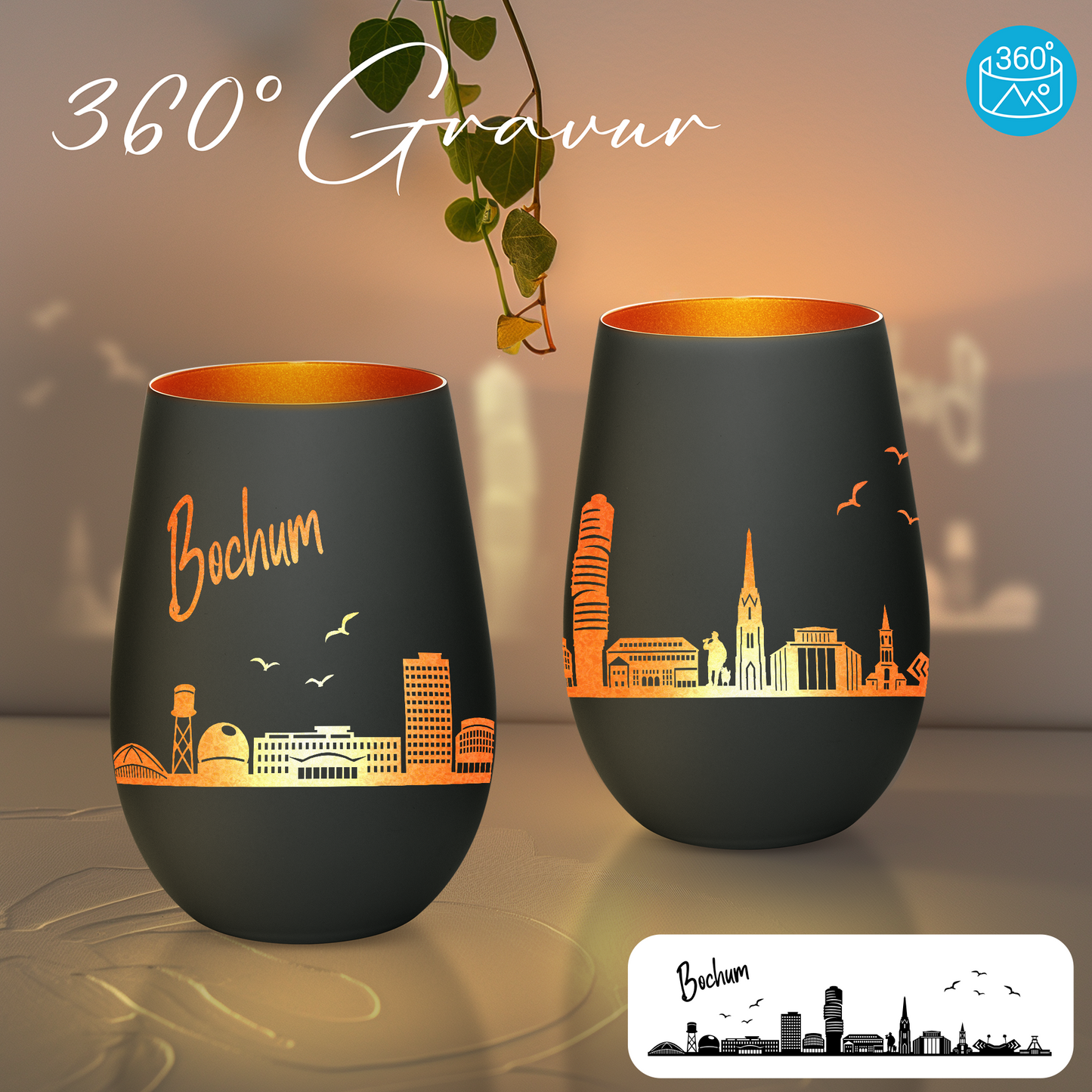 Hochwertiges Glas Windlicht mit Gravur "SKYLINE BOCHUM" in der Farbe Schwarz/Bronze