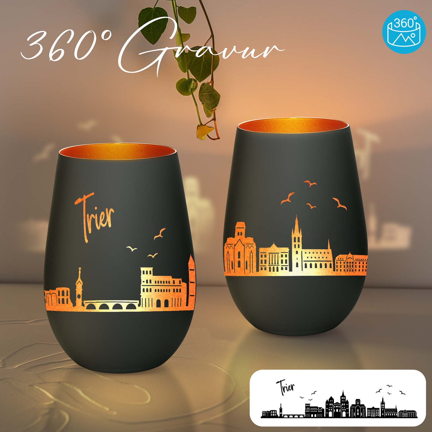 Hochwertiges Glas Windlicht mit Gravur "SKYLINE TRIER" in der Farbe Schwarz/Bronze