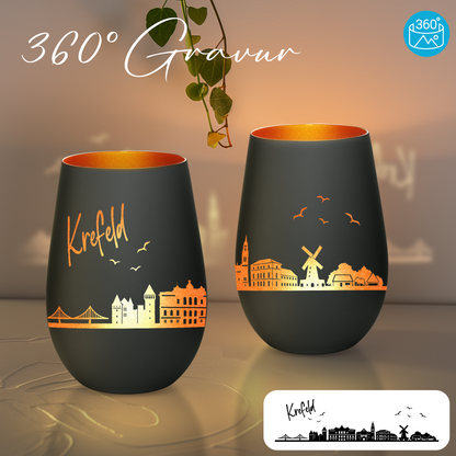 Hochwertiges Glas Windlicht mit Gravur "SKYLINE KREFELD" in der Farbe Schwarz/Bronze