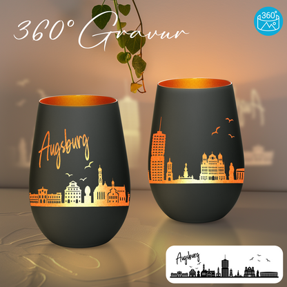 Hochwertiges Glas Windlicht mit Gravur "SKYLINE AUGSBURG" in der Farbe Schwarz/Bronze