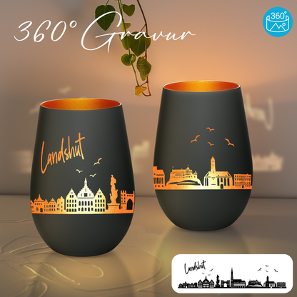Hochwertiges Glas Windlicht mit Gravur "SKYLINE LANDSHUT" in der Farbe Schwarz/Bronze