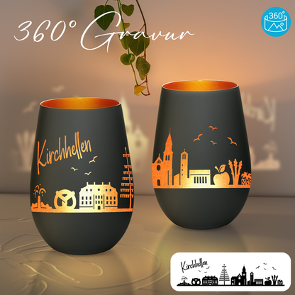 Hochwertiges Glas Windlicht mit Gravur "SKYLINE KIRCHHELLEN" in der Farbe Schwarz/Bronze