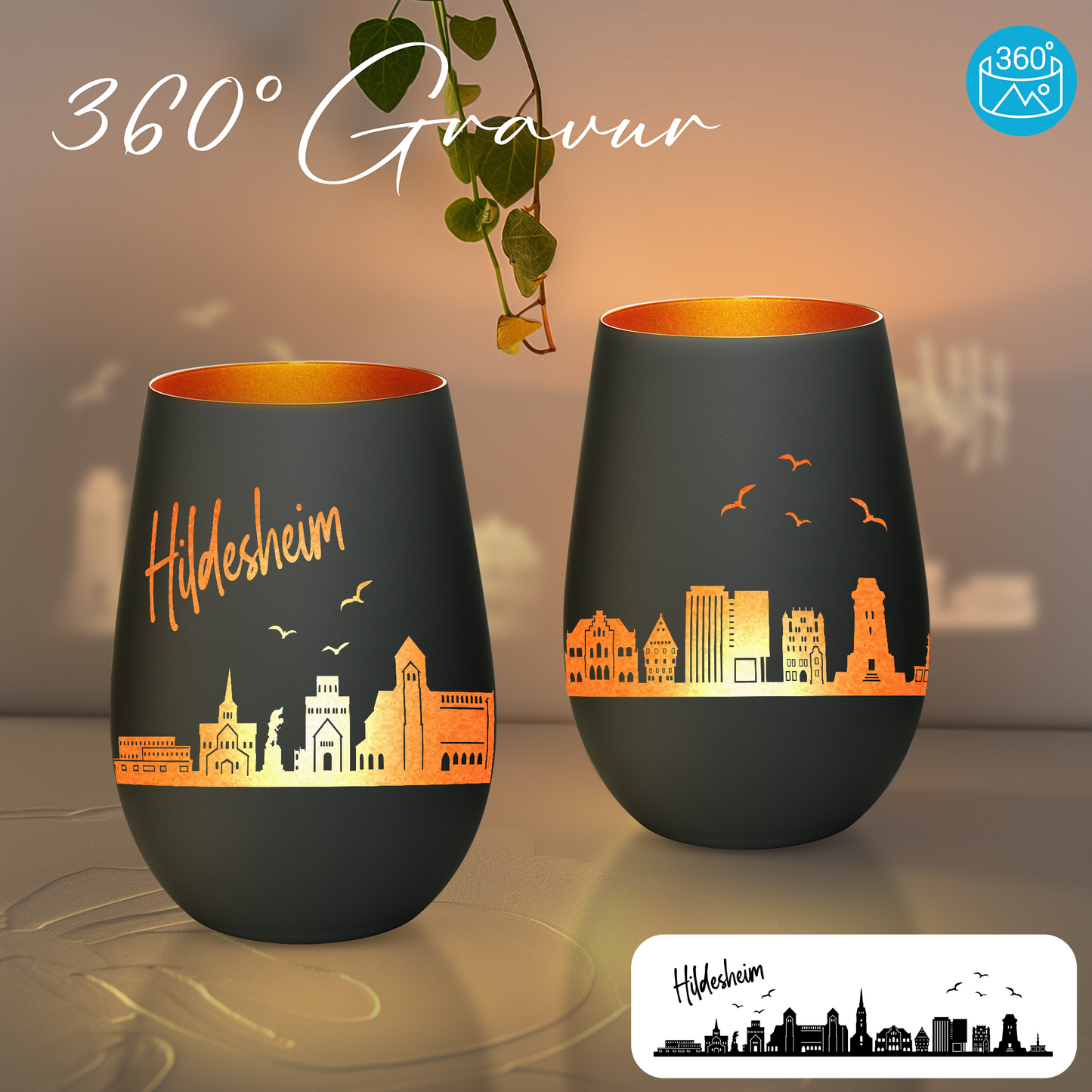 Hochwertiges Glas Windlicht mit Gravur "SKYLINE HILDESHEIM" in der Farbe Schwarz/Bronze