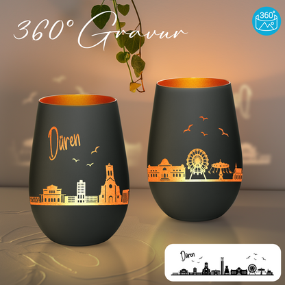 Hochwertiges Glas Windlicht mit Gravur "SKYLINE DÜREN" in der Farbe Schwarz/Bronze