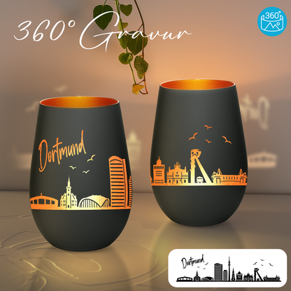 Hochwertiges Glas Windlicht mit Gravur "SKYLINE DORTMUND" in der Farbe Schwarz/Bronze