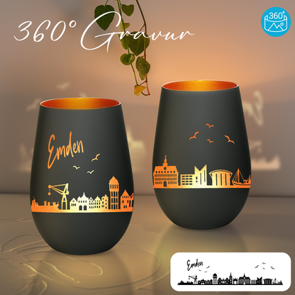 Hochwertiges Glas Windlicht mit Gravur "SKYLINE EMDEN" in der Farbe Schwarz/Bronze