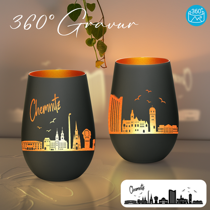 Hochwertiges Glas Windlicht mit Gravur "SKYLINE CHEMNITZ" in der Farbe Schwarz/Bronze