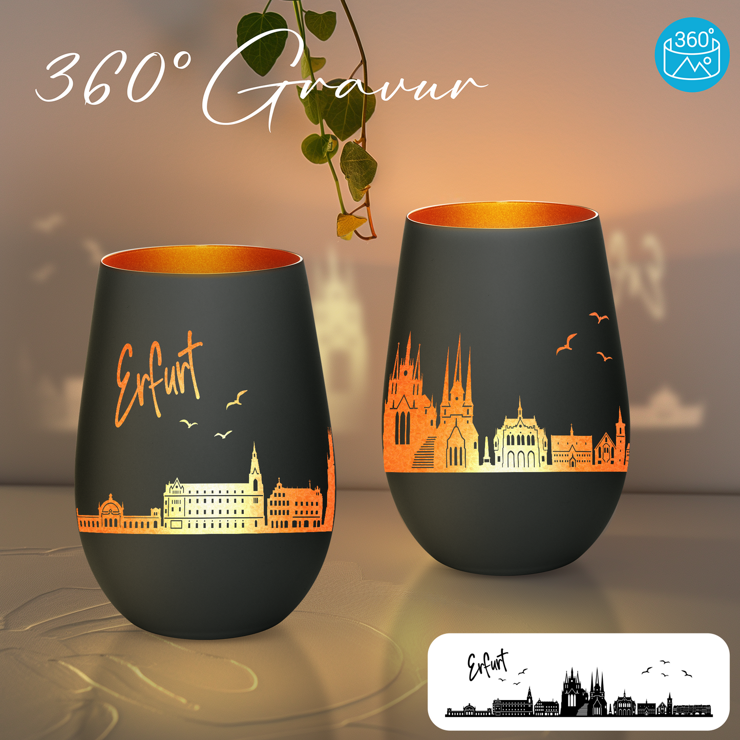 Hochwertiges Glas Windlicht mit Gravur "SKYLINE ERFURT" in der Farbe Schwarz/Bronze