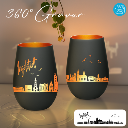 Hochwertiges Glas Windlicht mit Gravur "SKYLINE INGOLSTADT" in der Farbe Schwarz/Bronze
