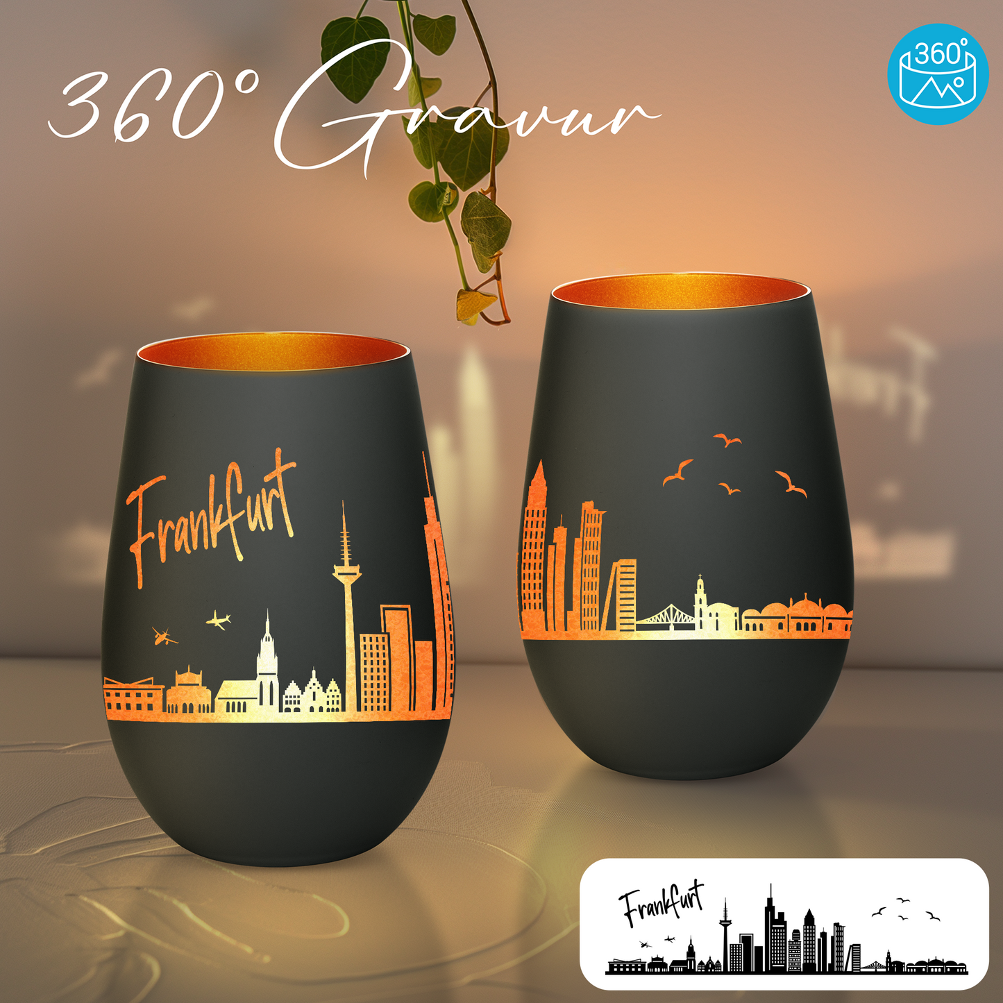 Hochwertiges Glas Windlicht mit Gravur "SKYLINE FRANKFURT" in der Farbe Schwarz/Bronze
