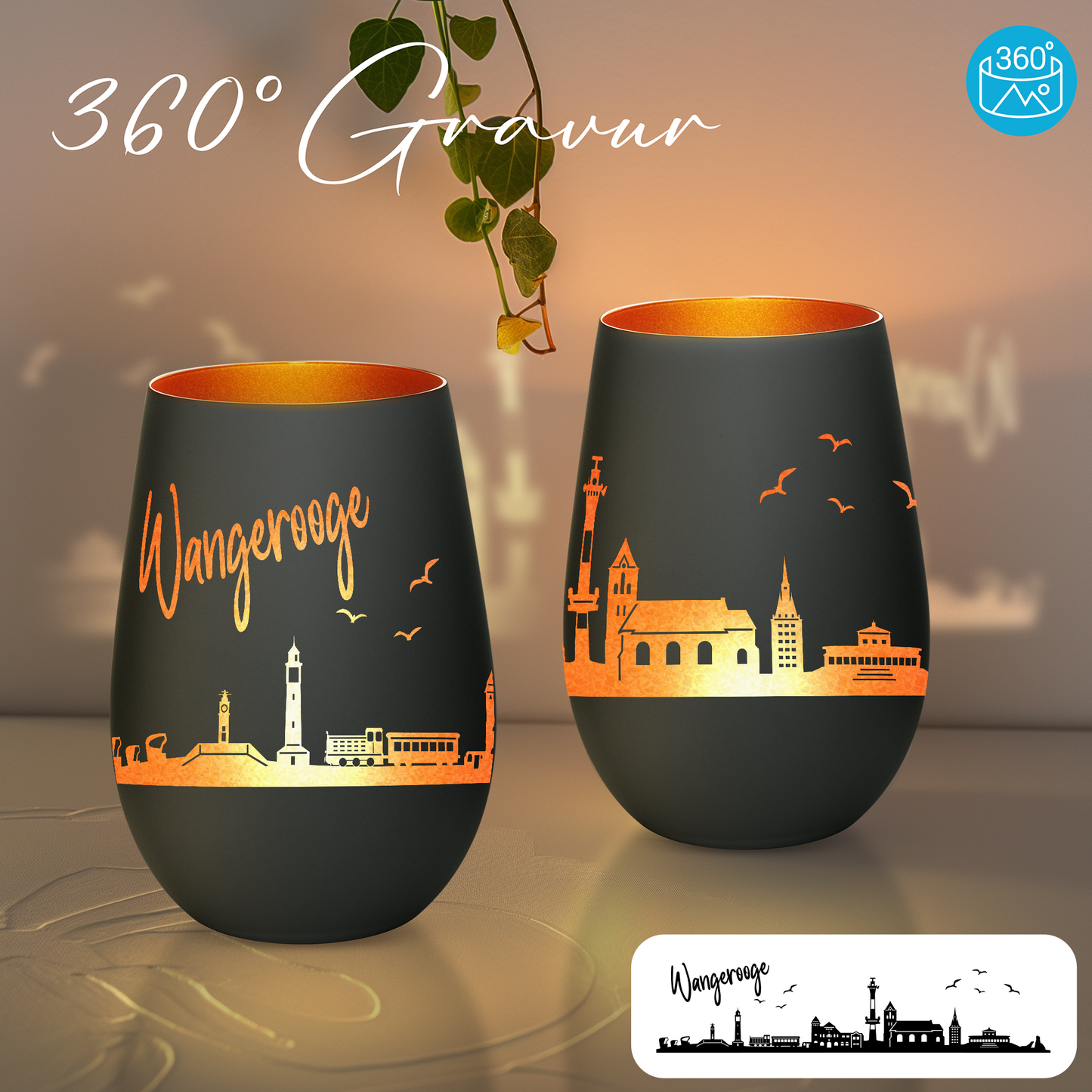 Hochwertiges Glas Windlicht mit Gravur "SKYLINE WANGEROOGE" in der Farbe Schwarz/Bronze